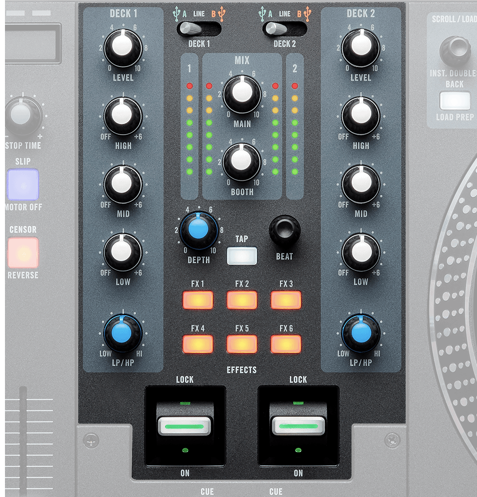 RANE ONE has 6 radio-style stackable FX buttons, instantly activate any combination of software FX with a single press